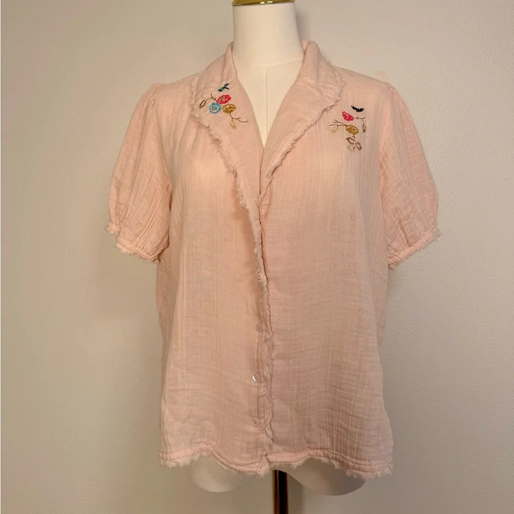 Anthropologie Romilly Soft Gauze PJ Embroidered Pale Pink Top Sz XS Oversized - Picture 3 of 10